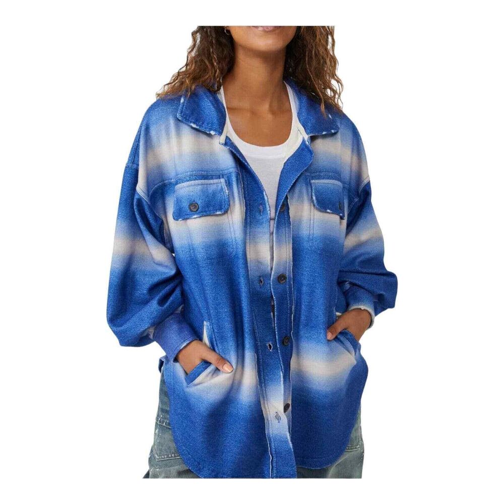 Free People Ruby Ombre Stripe Shirt Jacket Blue Large New